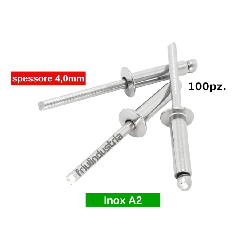 Rivetti a strappo in acciaio inox A2 (AISI 304), blister 100 pezzi, varie misure
